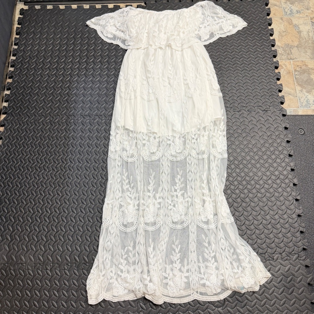 Maxi Dress Womens Small White Lace Off Shoulder Boho Floral Mesh Bride Summer